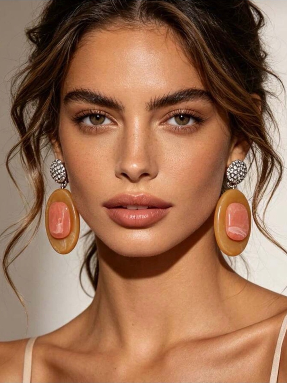 Statement Pink and Tan Resin Drop Earrings - Unbranded
